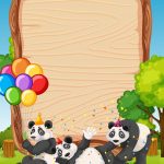 Blank wooden board template with pandas in party theme on forest