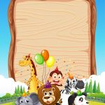 Blank wooden board template with wild animals in party theme on